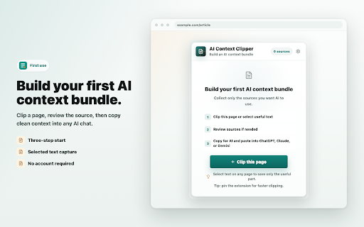 AI Context Clipper :: Clip web pages and selected text into clean, source-backed AI prompt context.