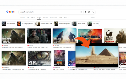 YouTube Hover Player :: Plays YouTube videos in a popup when hovering over their thumbnails in Google serach or Image Search.