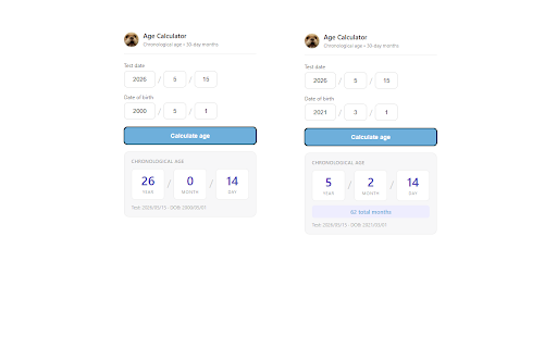 Assessment Age Calculator :: Chronological age for psychoeducational assessments. 30-day months. Year / Month / Day output.