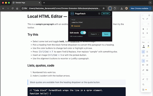PagePatch - HTML File Editor :: Edit local HTML files directly in Chrome with rich formatting tools and save changes as the same file or a copy.