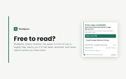 Shelfpass — free and library copies of papers :: Finds a free or library-licensed copy of the paper you're reading. No account, no tracking, and nothing runs until you ask.