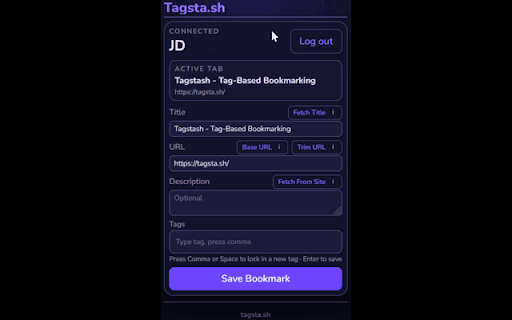 Tagstash :: Save the current tab to your Tagstash bookmark manager.