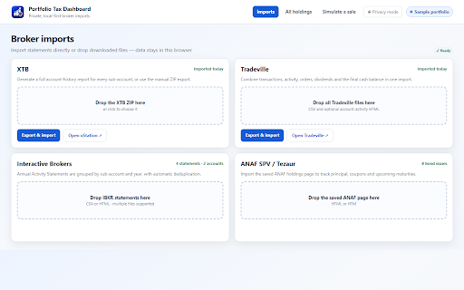 Portfolio Tax Dashboard (Standalone) :: Imports downloaded broker reports and computes Romanian portfolio taxes entirely in the browser.
