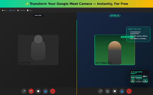 Google Meet Helper™ :: Virtual backgrounds with AI segmentation, face filters, 30+ effects & zero data collection.