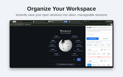 ClearTab :: Organize tabs, save memory, remove duplicates, and export tab URLs smoothly.
