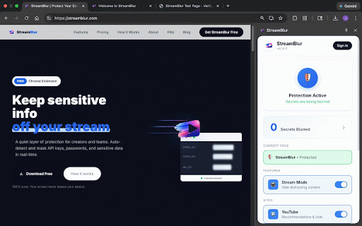 StreamBlur :: Protect API keys, passwords, and secrets while streaming. Blur protection for YouTube, Twitter, GitHub, Discord & Twitch.