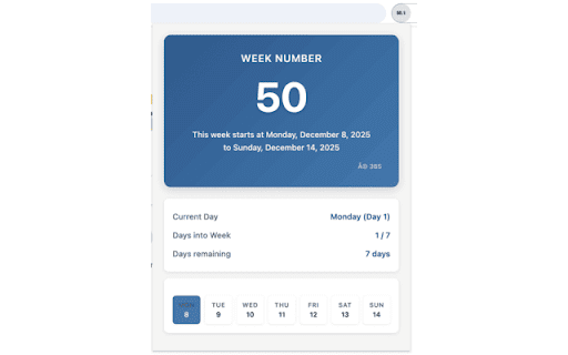 Work Week Calendar :: Displays the current work week and day.