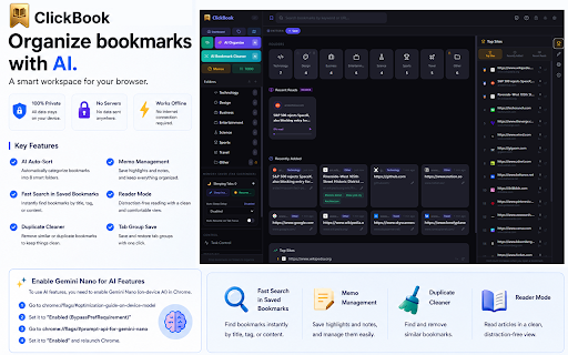 ClickBook - AI bookmark manager :: Save, organize, and manage bookmarks by category with one click. Powered by Gemini Nano on-device AI.