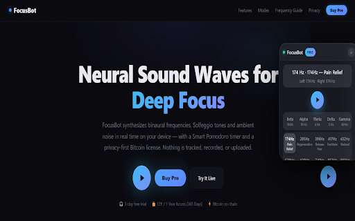 FocusBot - Neural Sound Waves & Smart Pomodoro :: Synthesizes binaural beats, Solfeggio frequencies, and ambient noise offline with a Smart Pomodoro timer.
