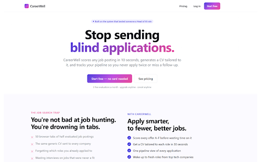 CareerWell :: Score any job posting A–F with AI. Works on LinkedIn, Indeed, Glassdoor, and any careers page. One-click evaluation.