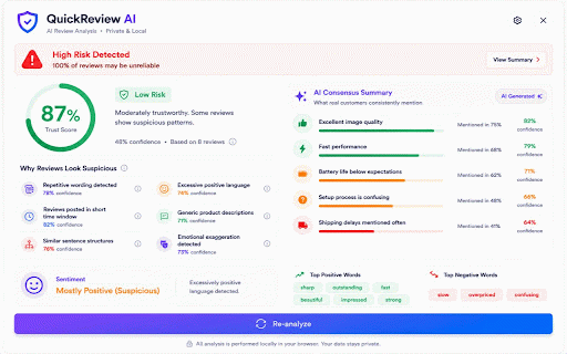 QuickReview AI :: QuickReview AI spots fakes, reveals patterns, and helps you choose before you buy.100% private, runs in your browser.