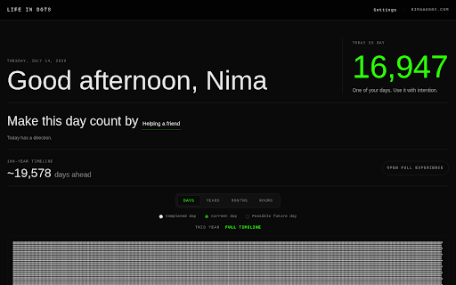Life in Dots :: A thoughtful new tab replacement to visualize the days you have lived and the possible time still ahead.