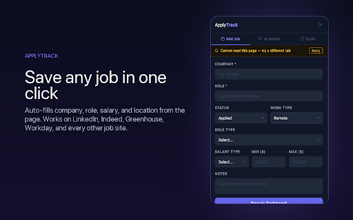 ApplyTrack :: Save job applications to your dashboard and get AI advice while applying.