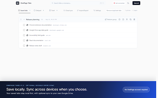 OnePage Tabs - Tab Manager :: A tab manager and upgraded alternative to OneTab, with automatic Google Drive sync.