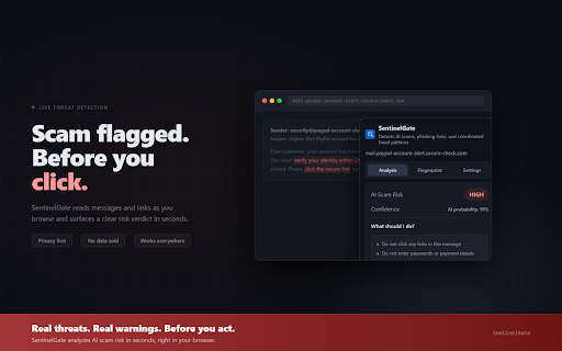 SentinelGate – AI Scam & Phishing Detector :: Detect AI-generated scams, phishing links, and impersonation in real time. Protect yourself from advanced online fraud.