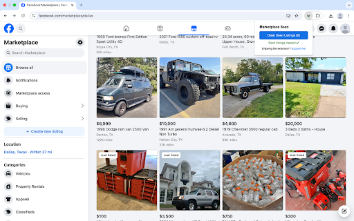 FB Marketplace Seen Tracker :: Marks Facebook Marketplace listings you've already viewed with a green tick and 'Seen'.