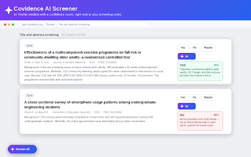 Covidence AI Screener :: AI Yes/No button for Covidence title & abstract screening. Sign in and screen on our backend, billed from your prepaid balance.