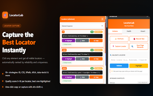 LocatorLab :: Complete test automation toolkit - Smart form fill, locator capture with health monitoring, and test recorder with script generation