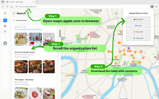 Mappl Maps Scraper — 1-Click Apple Maps Contacts Export :: Collect business contacts from Apple Maps to XLSX and download in 1 click.