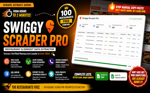 Swiggy Scraper Pro – Restaurant & Dineout Data Extractor :: Scrape Swiggy delivery & Dineout data from your browser. Export phone numbers, addresses, ratings, cuisines & offers to CSV.