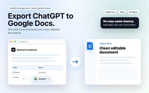 ChatGPT to Google Docs: Export Gemini, Claude (Math, Code) :: Save ChatGPT, Gemini & Claude chats as Google Docs in one click. Math, code, and images stay perfectly formatted.
