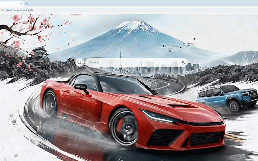 Forza Horizon 6 Cover Arts Live Wallpaper :: Red sports car drifting past Mount Fuji with cherry blossoms and Japanese pagoda.