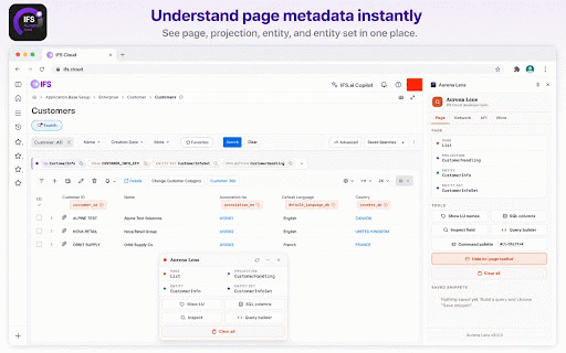 Aurena Lens — IFS Cloud Developer Tools :: Developer tools for IFS Cloud — SQL columns, LU/entity info, field inspector, query builder, API explorer and more.