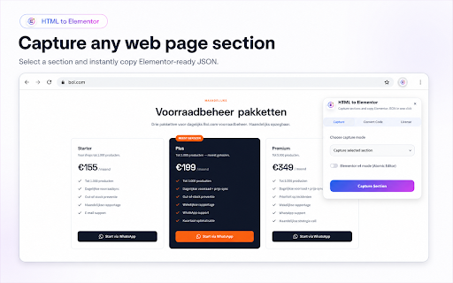 HTML to Elementor – Web Page Converter :: Capture web page sections and convert HTML into Elementor-ready widgets you can paste into Elementor.