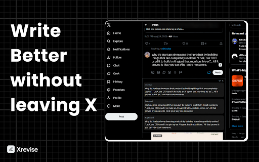 Xrevise: AI Writing Assistant for X :: Fix grammar, rephrase drafts, and optimize posts and replies directly on X without losing your voice.