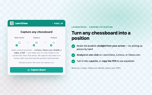 LearnChess Position Detector | Screenshot to FEN :: Capture chess board screenshots from any website and convert them to FEN positions for analysis & puzzle creation on LearnChess.ai.