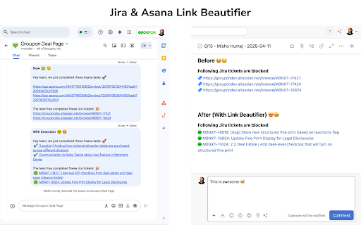 Jira and Asana Link Beautifier :: Beautifies Jira links in Google Chat and Asana, and Asana links in Google Chat, with proper titles and icons