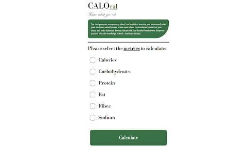 CaloCal :: We aim to provide an easy method of calculating nutritional information of food recipes. Made by Connor Uong and Steven Teng.
