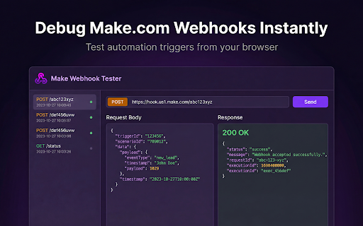 Make (Integromat) Webhook Tester - Debug Automation Workflows :: Test & debug Make.com (Integromat) webhook URLs. Send HTTP requests, import cURL, inspect responses. Free automation tool.