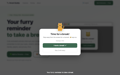 Break Buddy :: Cute animals remind you to take healthy screen breaks. Fun, gentle, and privacy-first.