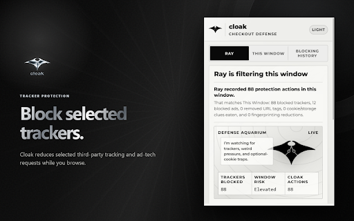 cloak :: Chrome privacy extension: block selected trackers, clean tracking links, reduce fingerprinting, and protect shopping sessions.