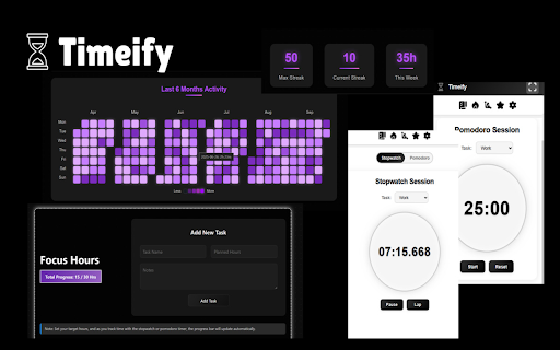 Timeify :: Stopwatch and Pomodoro Timer with Progress bar, Streak, Analytics