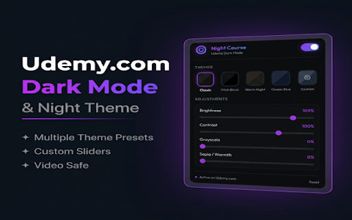 Udemy.com Dark Mode & Night Theme :: Sleek, eye-friendly dark theme for Udemy with custom color presets, sliders, and distraction-free options.