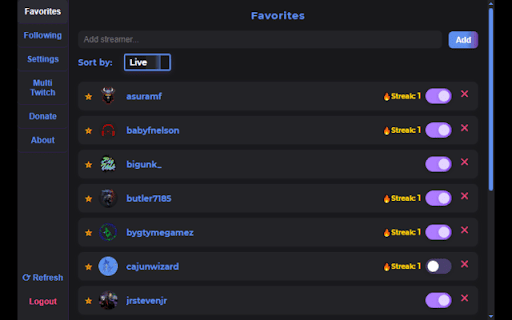 Twitch Favorites :: Get live status, auto-open streams, and quick access to your favorite Twitch streamers — all privacy-friendly.