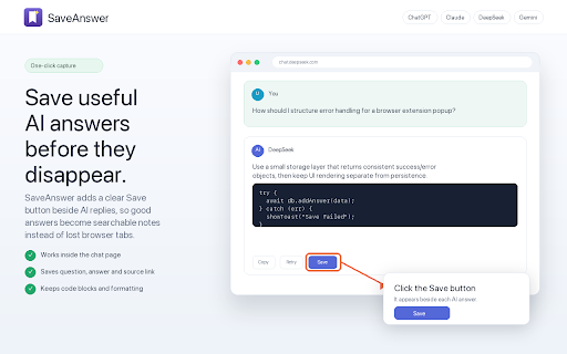 SaveAnswer - Save AI Answers :: Save useful AI answers with one click, then organize them with tags and full-text search in your browser.