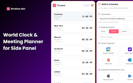 Timebar: A world clock and meeting planner for your side panel :: Convert time zones, plan meetings & create calendars events from the side panel. Works with Google, Apple, Outlook & more calendars.
