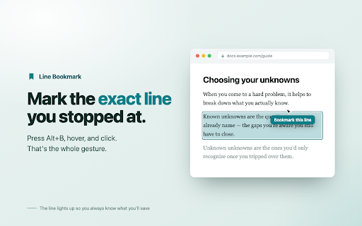 Line Bookmark – Save Reading Position & Resume Where You Left Off :: Save scroll position on any website: click the line where you stopped reading, then jump back to your exact spot later. No account.
