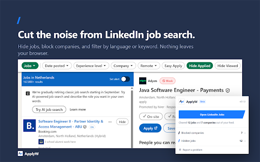 ApplyW - LinkedIn Job Language Filter :: Clean up LinkedIn Jobs: hide jobs you've viewed or applied to, filter by keyword and language, and block companies.