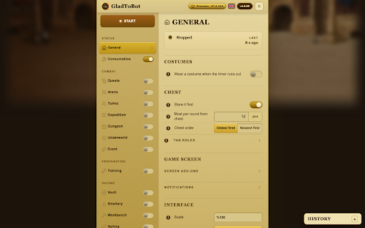 GladToBot — Gladiatus Bot :: Smart bot for Gladiatus: quests, expeditions, dungeons, arena, food combine, auction, and 24/7 human-like automation.