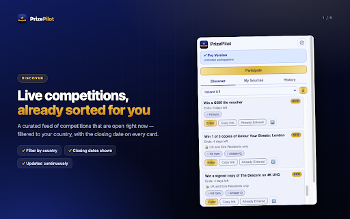 PrizePilot — Competition & Giveaway Autofill :: Find live competitions and giveaways, auto-fill entry forms, and get AI help completing every entry step. Comping, fast.