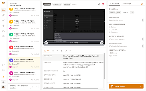 Puggy :: Record QA sessions with full context—logs, network, screenshots, and user actions—all in one place.