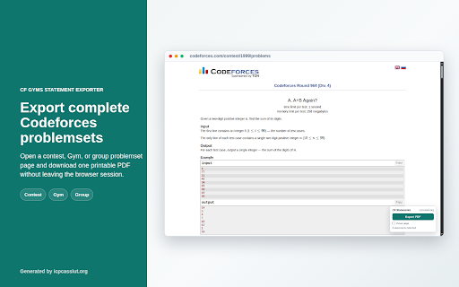 CF Gyms Statement Exporter :: Export Codeforces contest, Gym, and group contest statements to clean PDFs by ICPC Assiut.