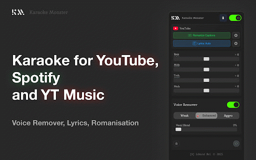 Karaoke Monster :: A Chrome extension featuring a professional audio processing interface with equalizer controls, voice removal, and effects