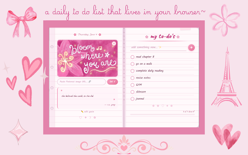 Pink Planner 🌸 :: A cute notebook-inspired planner with tasks, motivational quotes, progress tracking, and Pinterest-style customization.