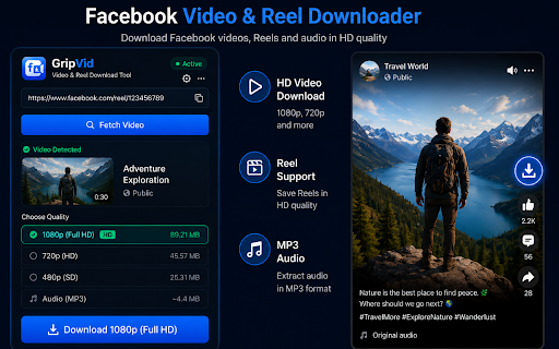 GripVid - HD Facebook Video & Reel Downloader :: Download Facebook videos, Reels & audio in HD. Save FB videos in 1080p, 720p or extract MP3 audio. Fast, simple & lightweight.