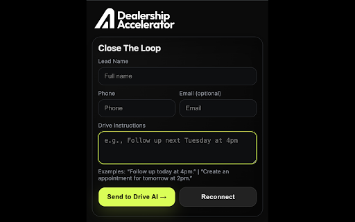 Drive AI (Instruct Flow) :: Floating flag opens your Instruct Form in the side panel. Toolbar popup handles Drive AI login + Location/Typeform controls.